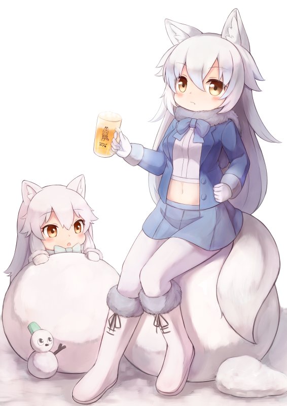 2girls alcohol animal_ears arctic_fox_(kemono_friends) arctic_wolf_(kemono_friends) beer beer_mug blue_neckwear blue_skirt blush bow bowtie buttons cup eyebrows_visible_through_hair fox_ears fur-trimmed_boots fur-trimmed_sleeves fur_collar fur_trim gloves hair_between_eyes holding holding_cup jacket kemono_friends long_hair long_sleeves looking_at_another looking_at_viewer matsuu_(akiomoi) midriff miniskirt multiple_girls navel open_clothes open_jacket pantyhose serval_(kemono_friends) simple_background sitting skirt snowball snowman tail very_long_hair white_background white_footwear white_gloves white_hair white_legwear wolf_ears wolf_tail yellow_eyes