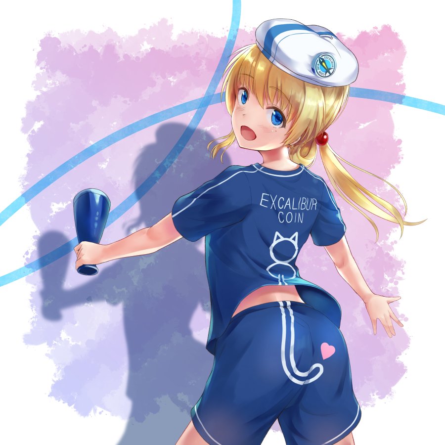 1girl :d akabane_hibame animal_print ass bangs beret blonde_hair blue_eyes blue_shirt blue_shorts cat_print clothes_writing commentary_request excaliburcoin eyebrows_visible_through_hair from_behind hat heart holding logo long_hair looking_at_viewer looking_back megaphone open_mouth shadow shirt short_sleeves shorts smile solo twintails