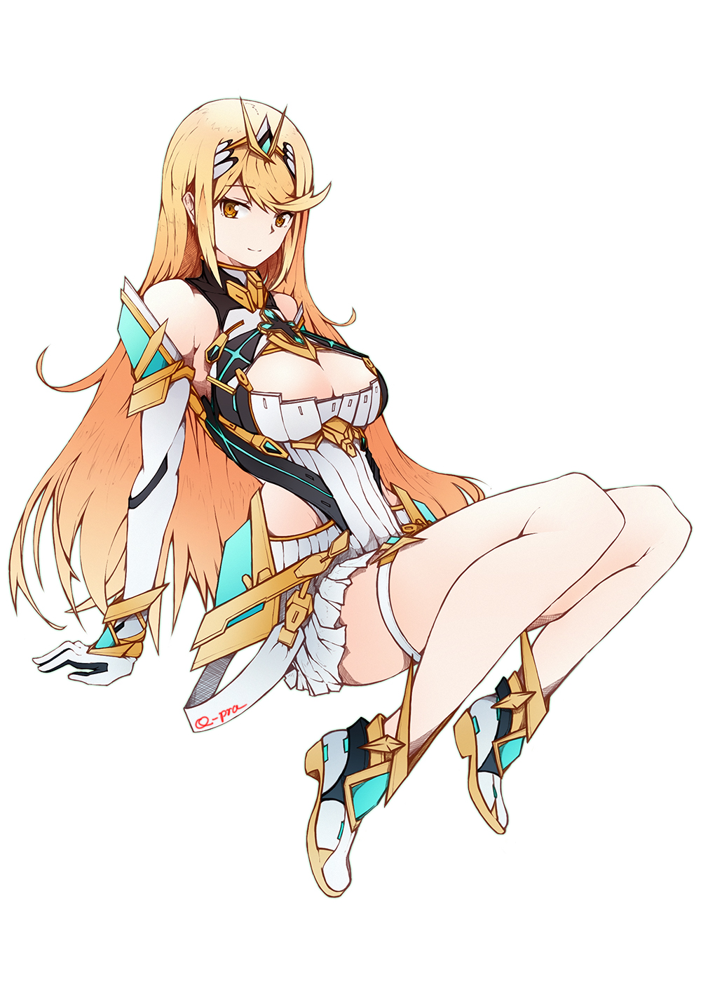 1girl armor bangs bare_shoulders blonde_hair breasts cleavage dress elbow_gloves gloves headgear highres mythra_(xenoblade) jewelry large_breasts long_hair looking_at_viewer q-pra simple_background smile solo white_background xenoblade_(series) xenoblade_2 yellow_eyes