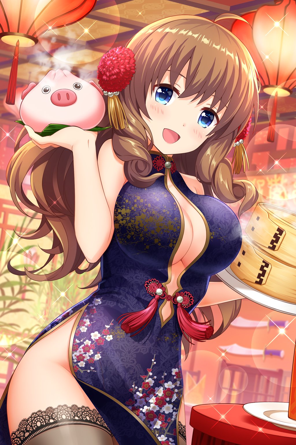 1girl ahoge alternative_girls arimura_shion bamboo_steamer bangs baozi bare_shoulders black_legwear blue_dress blue_eyes blush breasts bun_cover china_dress chinese_clothes cleavage dress drill_hair floral_print food hair_ornament highres holding holding_tray indoors lantern large_breasts light_brown_hair long_hair looking_at_viewer no_panties official_art open_mouth paper_lantern pelvic_curtain pig sleeveless sleeveless_dress sword thigh-highs tray waitress weapon