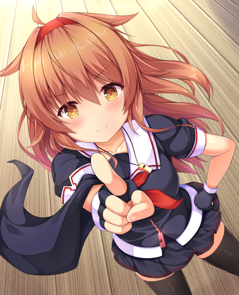 1girl black_legwear black_serafuku breasts brown_hair collarbone eyebrows_visible_through_hair from_above hair_flaps hairband jan_(janpx2012) kantai_collection long_hair looking_at_viewer medium_breasts neckerchief orange_eyes orange_hairband pleated_skirt pointing red_hairband red_neckwear remodel_(kantai_collection) school_uniform serafuku shiratsuyu_(kantai_collection) short_sleeves single_sleeve skirt smile solo thigh-highs whistle wooden_floor
