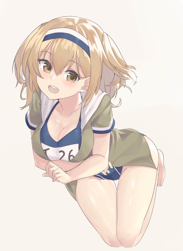 1girl all_fours clothes_writing full_body hairband i-26_(kantai_collection) kantai_collection light_brown_eyes light_brown_hair looking_at_viewer name_tag new_school_swimsuit sailor_collar sailor_shirt school_swimsuit shirt short_sleeves simple_background solo swimsuit swimsuit_under_clothes tiasis two-tone_hairband two_side_up white_background white_sailor_collar