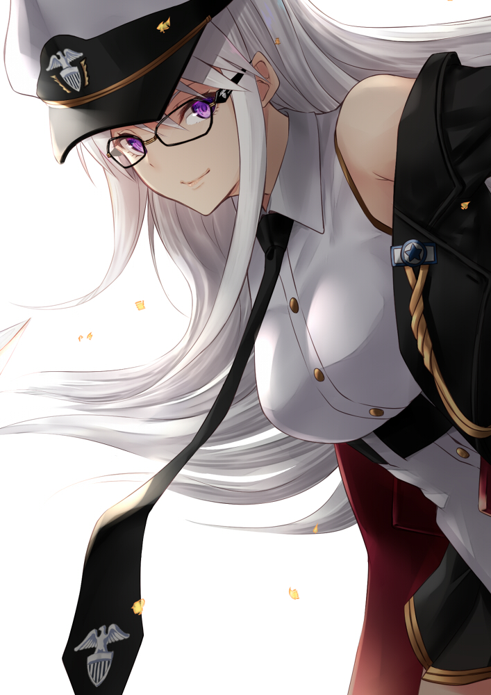 1girl azur_lane bare_shoulders bespectacled black-framed_eyewear black_neckwear closed_mouth enterprise_(azur_lane) glasses hat long_hair looking_at_viewer nabeshima_tetsuhiro necktie peaked_cap simple_background smile solo violet_eyes white_background white_hair white_hat