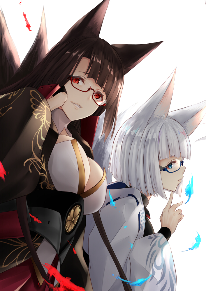 2girls akagi_(azur_lane) animal_ears azur_lane bangs bespectacled black_hair blue-framed_eyewear blue_eyes blunt_bangs bob_cut breasts cleavage fox_ears glasses japanese_clothes kaga_(azur_lane) kitsune long_hair long_sleeves looking_at_viewer medium_breasts multiple_girls nabeshima_tetsuhiro red-framed_eyewear red_eyes short_hair simple_background teeth white_background white_hair