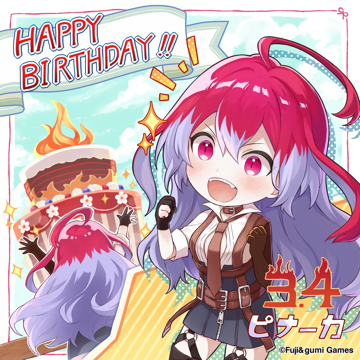 1girl ahoge artist_request belt brown_gloves cake chibi choker clouds collar company_name fire food framed gloves happy_birthday highres lavender_hair multicolored_hair necktie official_art partly_fingerless_gloves phantom_of_the_kill pinaka redhead skirt sparkle two-tone_hair zipper