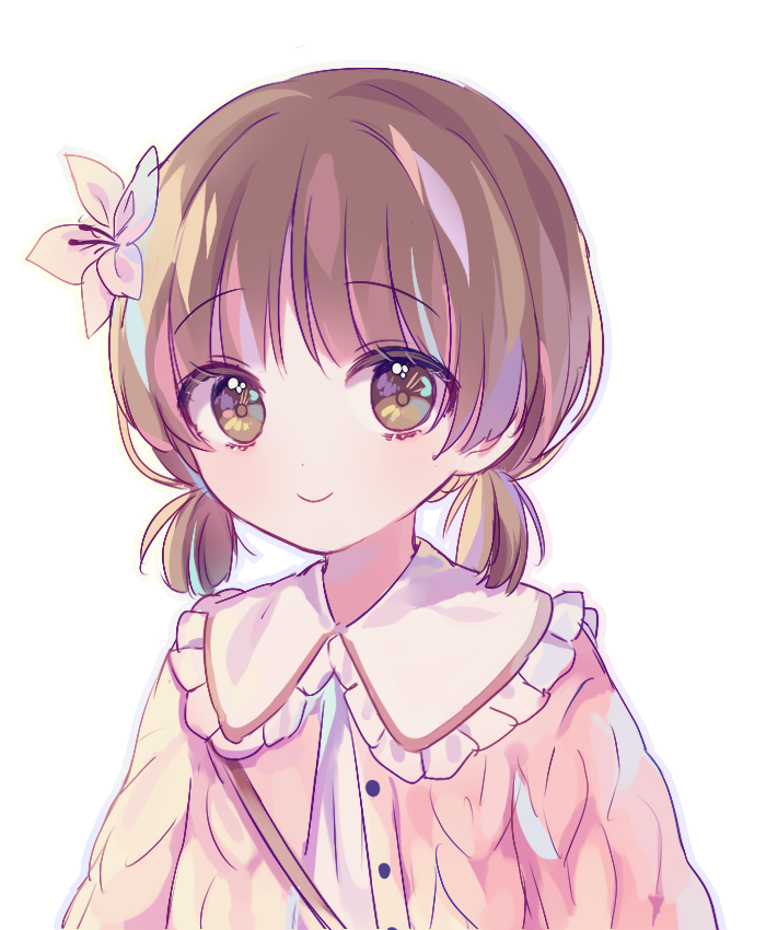 1girl bangs blush brown_eyes brown_hair closed_mouth copyright_request eyebrows_visible_through_hair flower frilled_shirt_collar frills hair_flower hair_ornament jacket low_twintails pink_jacket poyo_(shwjdddms249) shirt short_twintails simple_background smile solo twintails white_background white_flower white_shirt