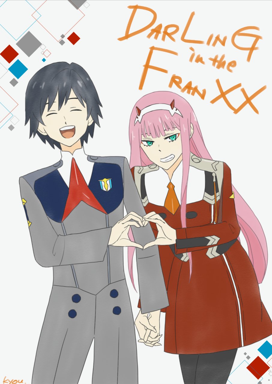 1boy 1girl bangs black_hair black_pants closed_eyes commentary_request couple darling_in_the_franxx green_eyes hair_ornament hairband hand_holding heart heart_hands hetero highres hiro_(darling_in_the_franxx) horns interlocked_fingers kyou_0707 long_hair long_sleeves looking_at_viewer military military_uniform necktie oni_horns open_mouth orange_neckwear pants pantyhose pink_hair red_horns red_neckwear short_hair signature uniform white_hairband zero_two_(darling_in_the_franxx)