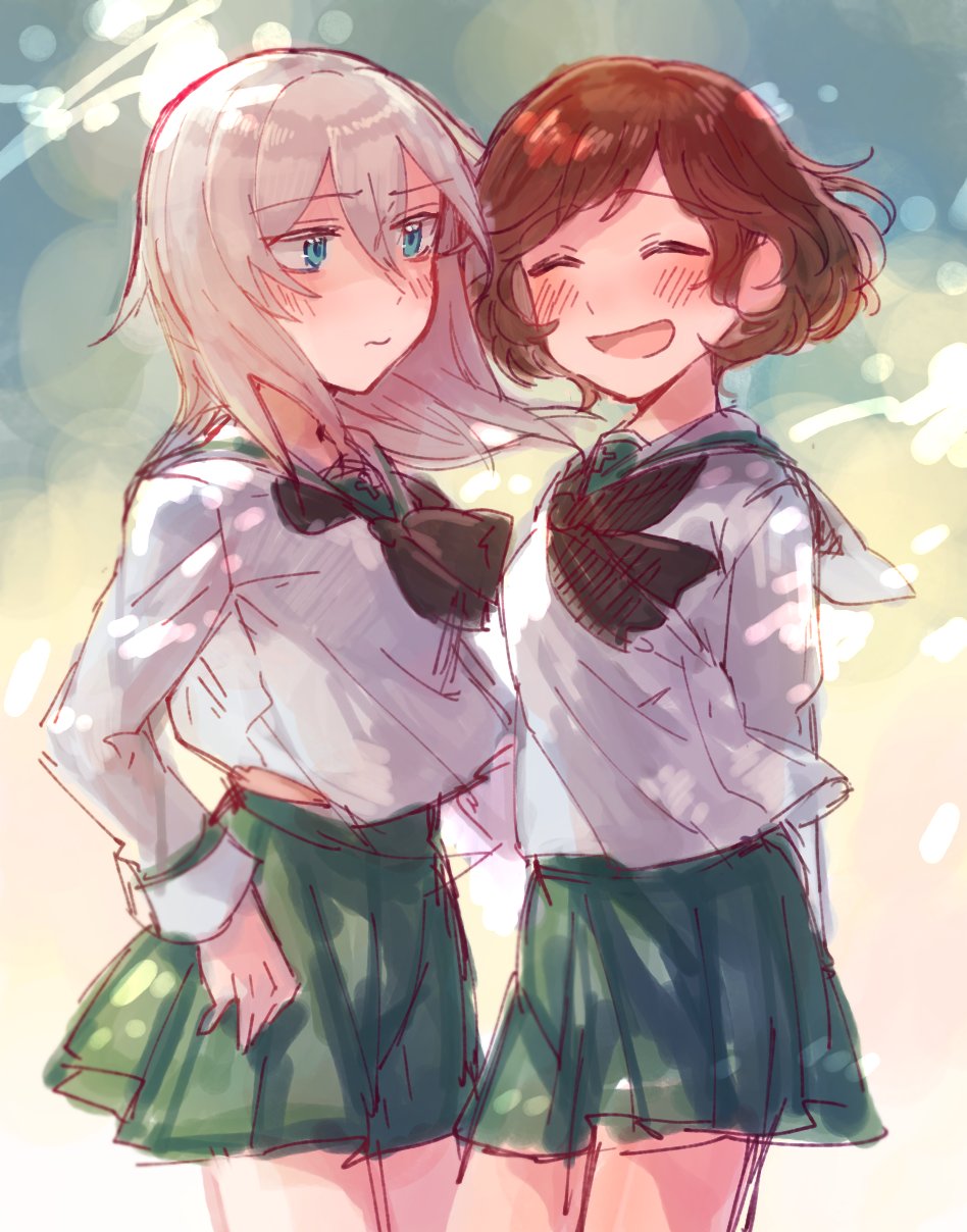 2girls arm_behind_back arms_behind_back black_neckwear blue_eyes blush brown_hair closed_eyes cowboy_shot eyebrows_visible_through_hair girls_und_panzer green_skirt hair_between_eyes highres itsumi_erika long_sleeves multiple_girls nishizumi_maho ooarai_school_uniform painterly school_uniform serafuku short_hair sketch skirt tama_wo white_hair