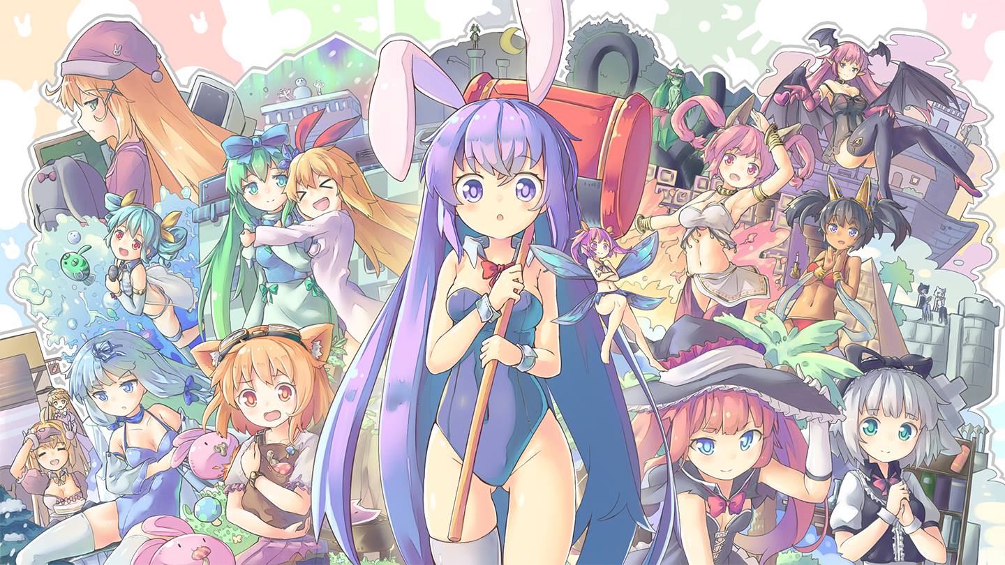 &gt;_&lt; 6+girls :d animal_ears aruraune_(rabi-ribi) ashuri_(rabi-ribi) black_hair blonde_hair blue_eyes blue_hair cat_ears chocolate_(rabi_ribi) cicini_(rabi-ribi) cocoa_(rabi_ribi) crescent_moon demon_girl demon_wings drill_hair erina_(rabi-ribi) everyone eyebrows_visible_through_hair fairy fairy_wings fish gluteal_fold goggles goggles_on_head green_eyes green_hair hair_ribbon hat hug irisu_(rabi_ribi) kotri_(rabi-ribi) leotard lilith_(rabi-ribi) long_hair minigirl miriam_(rabi_ribi) miru_(rabi_ribi) moon multiple_girls nano_(mianhua_maoqiu) open_mouth orange_eyes pandora_(rabi-ribi) piko_piko_hammer pink_eyes pink_hair purple_hair rabbit rabbit_ears rabi-ribi ribbon ribbon_(rabi-ribi) rita_(rabi-ribi) rumi_(rabi_ribi) saya_(rabi_ribi) seana_(rabi_ribi) short_hair silver_hair single_thighhigh smile snowman succubus syaro_(rabi-ribi) thigh-highs twintails vanilla_(rabi_ribi) very_long_hair violet_eyes white_legwear wings witch_hat xd