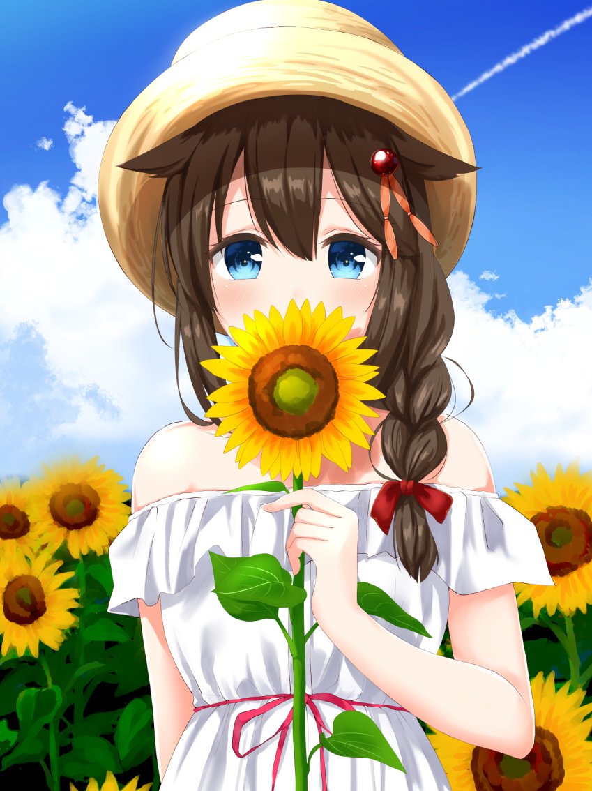 1girl alternate_costume bare_shoulders blue_eyes braid brown_hair check_commentary commentary_request flower hair_flaps hair_ornament hat kantai_collection looking_at_viewer shigure_(kantai_collection) single_braid solo sunflower yamamura_umi