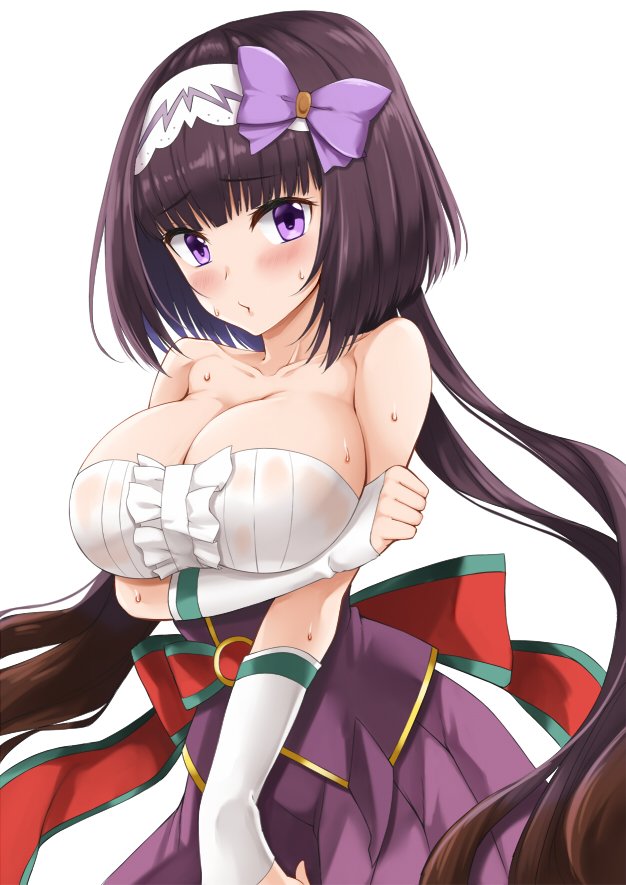 1girl arm_under_breasts bangs bare_shoulders breasts collarbone dress fate/grand_order fate_(series) ky_kosuke large_breasts long_hair looking_at_viewer osakabe-hime_(fate/grand_order) strapless strapless_dress