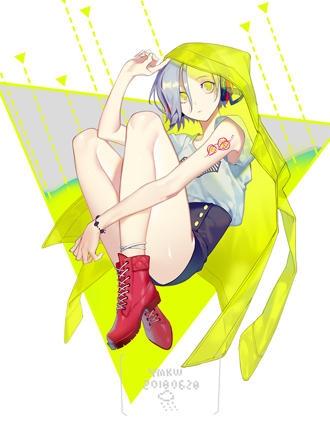 1girl black_shorts boots closed_mouth commentary_request dated grey_hair hand_up looking_at_viewer original red_footwear shirt short_hair short_shorts short_sleeves shorts signature solo white_shirt yamakawa yellow_eyes