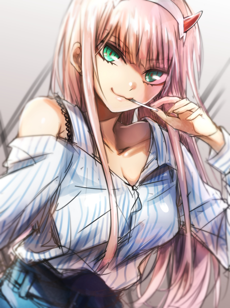 aqua_eyes bare_shoulders blue_dress breasts candy cleavage collarbone darling_in_the_franxx dress eyebrows_visible_through_hair food hairband herozu_(xxhrd) horns in_mouth long_hair looking_at_viewer pink_hair red_horns smile white_hairband zero_two_(darling_in_the_franxx)