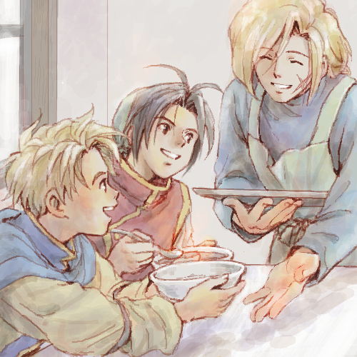 3boys antenna_hair apron bandanna black_hair bowl brown_hair chinese_clothes commentary_request facial_scar gensou_suikoden gensou_suikoden_i gremio long_sleeves lowres male_focus multiple_boys sakai_yume scar scar_on_cheek short_hair spoon table ted_(suikoden) tir_mcdohl tray window