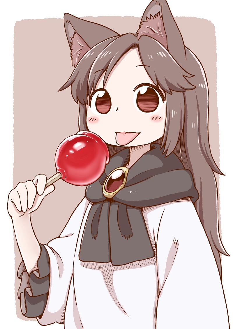 1girl :p animal_ears blush brown_background brown_hair candy_apple eyebrows_visible_through_hair food gem holding imaizumi_kagerou long_sleeves looking_at_viewer poronegi red_eyes robe simple_background smile solo tongue tongue_out touhou wide_sleeves wolf_ears younger