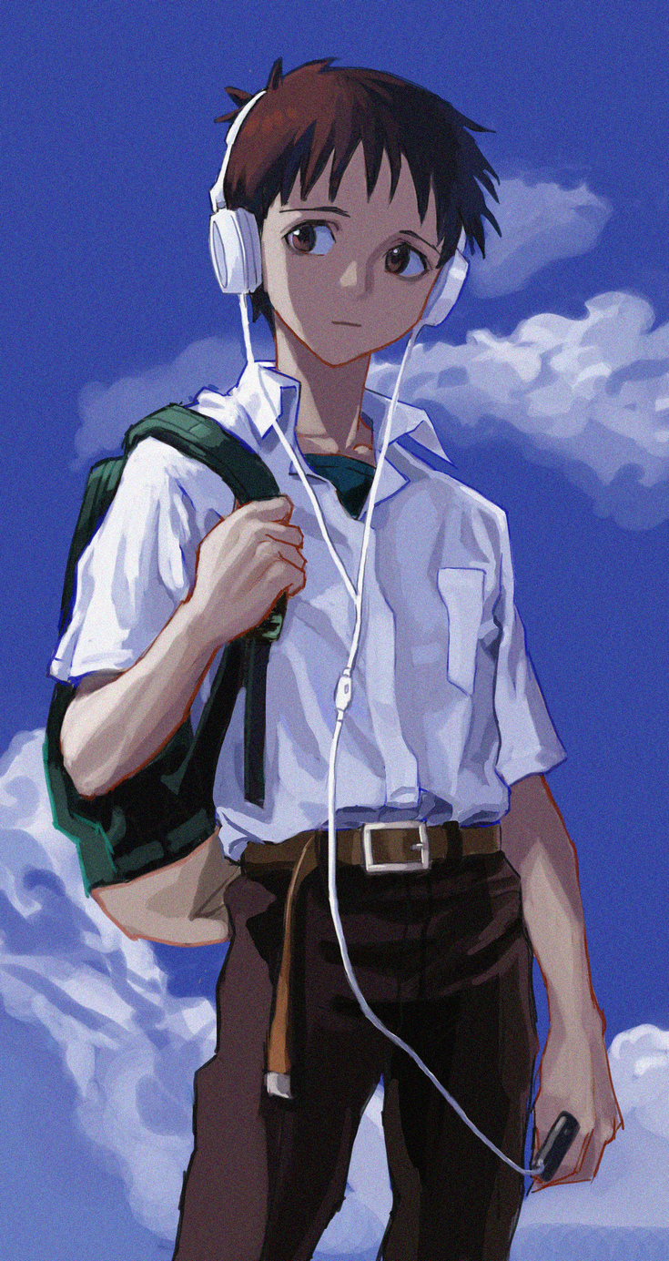 1boy bag belt brown_eyes brown_hair closed_mouth clouds headphones highres holding holding_phone ikari_shinji listening_to_music looking_away male_focus neon_genesis_evangelion phone school_uniform shiren_(ourboy83) shirt short_hair short_sleeves