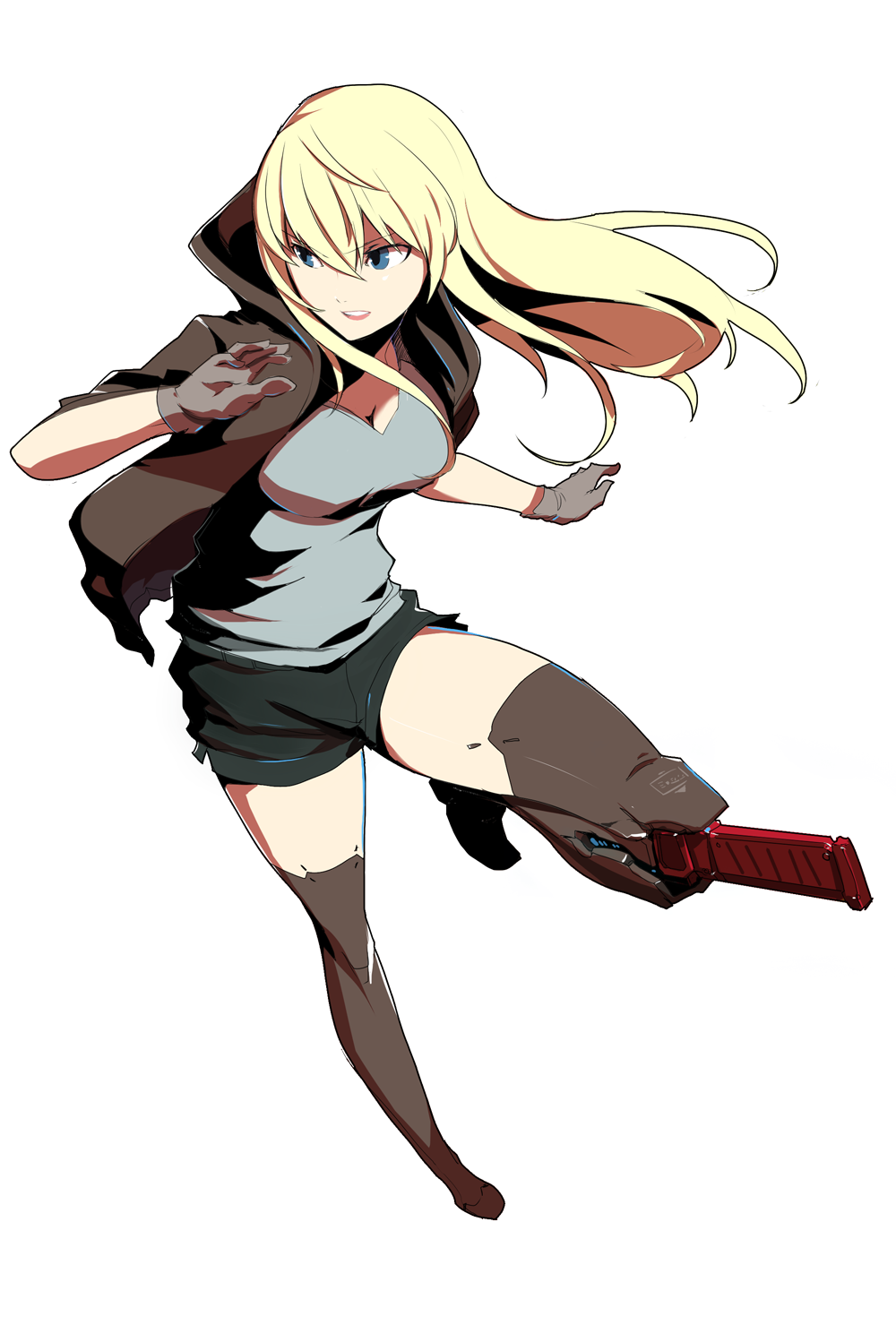 1girl android bangs blonde_hair blue_eyes cyborg fighting_stance gloves hair_between_eyes highres jacket las91214 leg_up long_hair mechanical_legs open_mouth original robot_joints short_shorts short_sleeves shorts solo standing standing_on_one_leg teeth weapon white_background