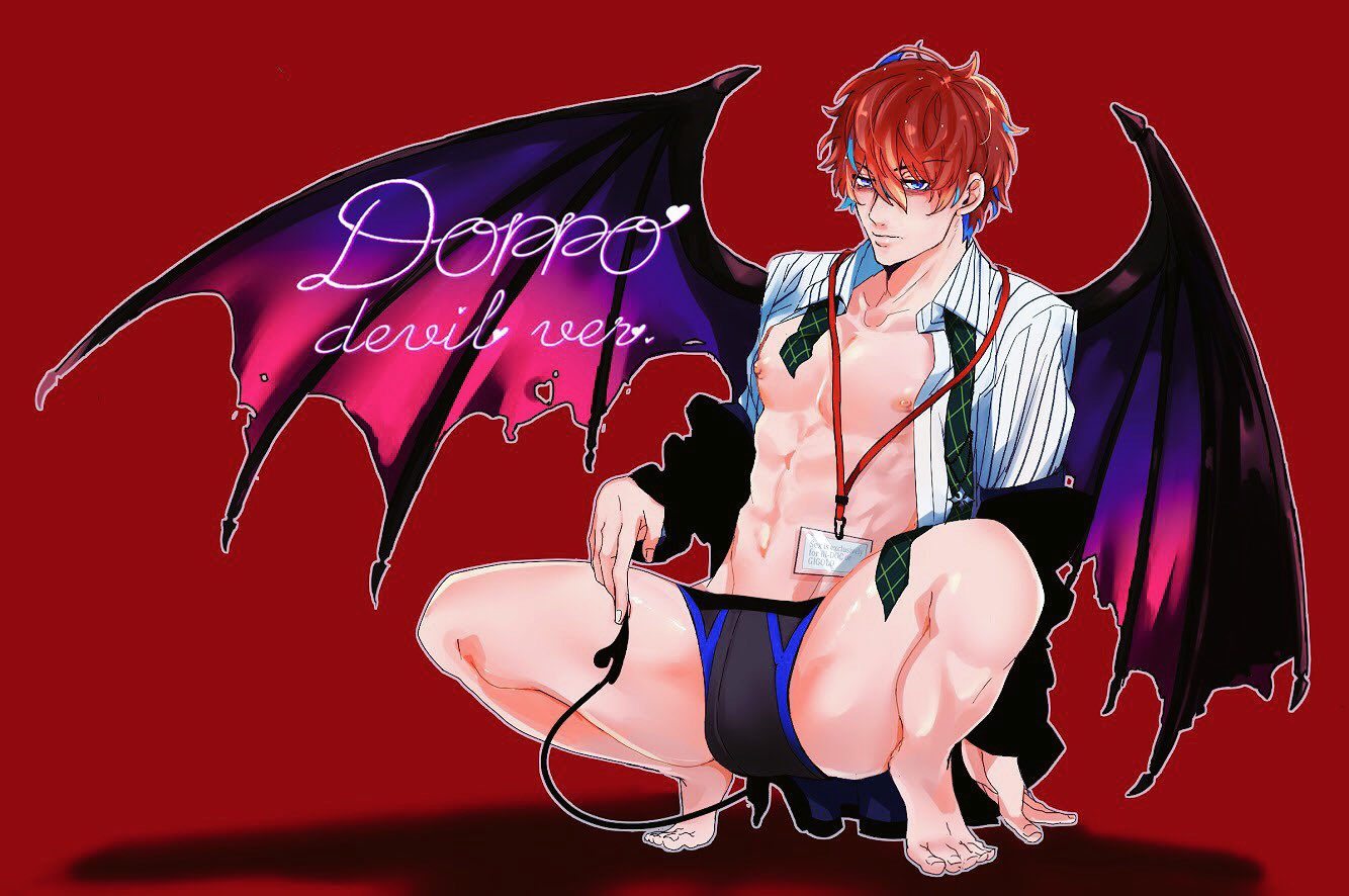 1boy abs arm_support barefoot briefs character_name demon_tail demon_wings english hypnosis_mic kannonzaka_doppo lanyard loose_necktie male_focus male_underwear necktie nipples open_clothes open_shirt red_background redhead sahara_(hakuro_ks) simple_background solo spiked_tail squatting tail underwear wings