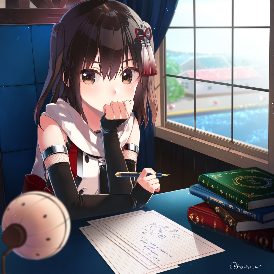 1girl black_gloves book brown_eyes brown_hair chair desk double-breasted drawing elbow_gloves enemy_lifebuoy_(kantai_collection) fingerless_gloves gloves hair_ornament hand_on_own_chin kantai_collection koruri looking_at_viewer neckerchief pen remodel_(kantai_collection) scarf school_uniform sendai_(kantai_collection) serafuku two_side_up white_scarf window