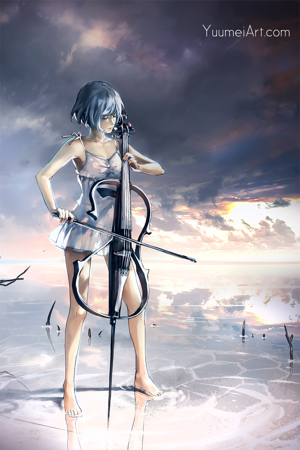 1girl barefoot blue_hair cello closed_eyes clouds commentary dress electric_cello english_commentary highres horizon instrument landscape music original reflection salt_flats short_hair sky solo water watermark web_address wenqing_yan