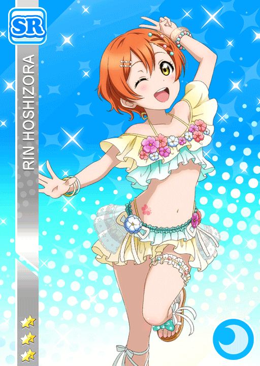 blush character_name green_eyes hoshizora_rin love_live!_school_idol_festival love_live!_school_idol_project orange_hair short_hair smile swimsuit wink