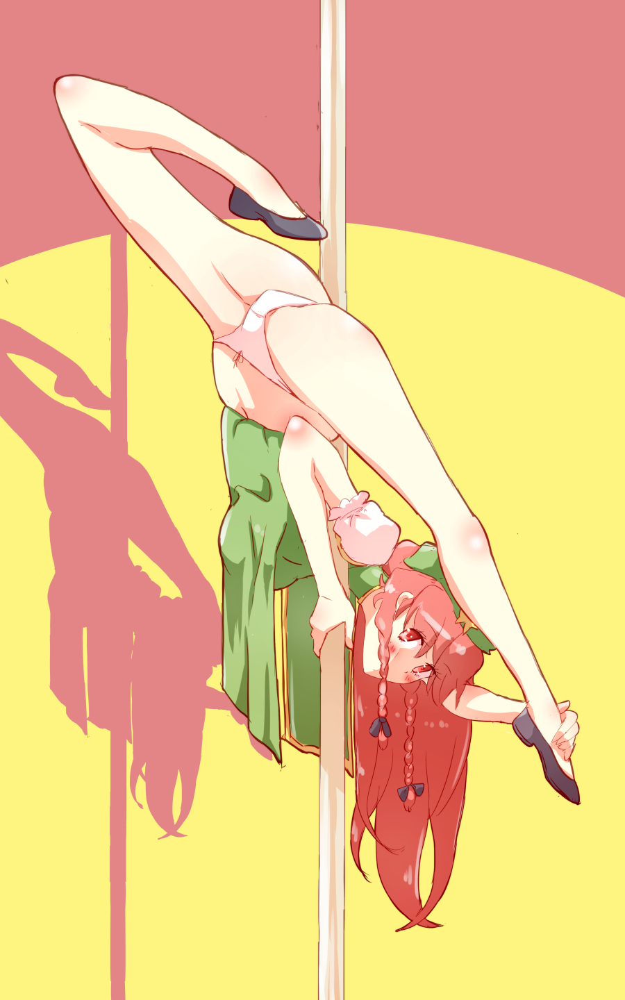 1girl ass black_footwear braid breasts covered_mouth dress flexible green_dress hair_ribbon hat highres hong_meiling large_breasts long_hair looking_at_viewer navel non_(z-art) panties pantyshot pole_dancing red_eyes redhead ribbon shadow shoes silhouette spotlight thighs touhou underwear white_panties