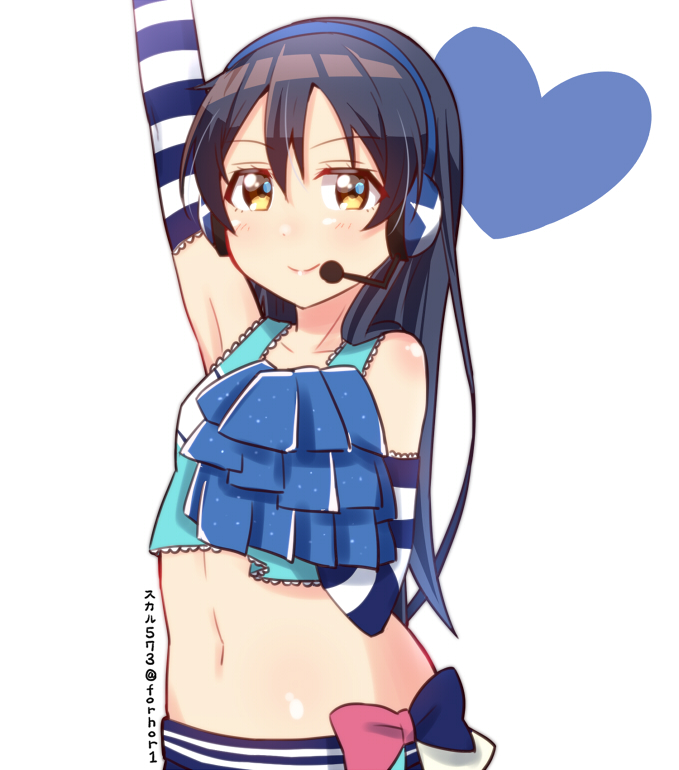 1girl arm_up bangs bare_shoulders blue_hair blush cheerleader commentary_request elbow_gloves gloves hair_between_eyes headset heart long_hair looking_at_viewer love_live! love_live!_school_idol_project midriff pom_poms simple_background skull573 smile solo sonoda_umi striped striped_gloves takaramonozu white_background yellow_eyes