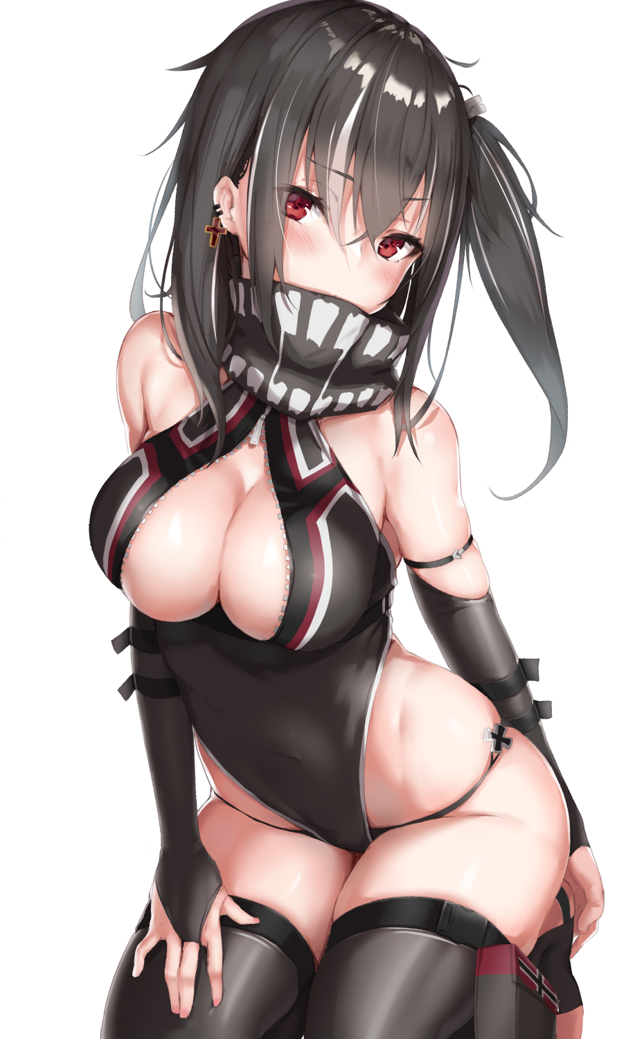 1girl azur_lane bangs black_hair black_legwear blush breasts center_opening cleavage cleavage_cutout covered_mouth cowboy_shot cross cross_earrings detached_sleeves earrings eyebrows_visible_through_hair front_zipper_swimsuit highleg highleg_swimsuit highres iron_cross jewelry kneeling large_breasts long_hair looking_at_viewer meme_attire multicolored_hair one-piece_swimsuit one_side_up red_eyes reinama sidelocks simple_background skindentation solo streaked_hair swimsuit thigh-highs thighs toeless_legwear tsurime u-47_(azur_lane) white_background white_hair