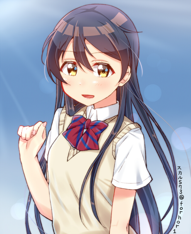 1girl bangs blue_hair blush commentary_request hair_between_eyes long_hair looking_at_viewer love_live! love_live!_school_idol_project open_mouth otonokizaka_school_uniform simple_background skull573 smile solo sonoda_umi upper_body yellow_eyes