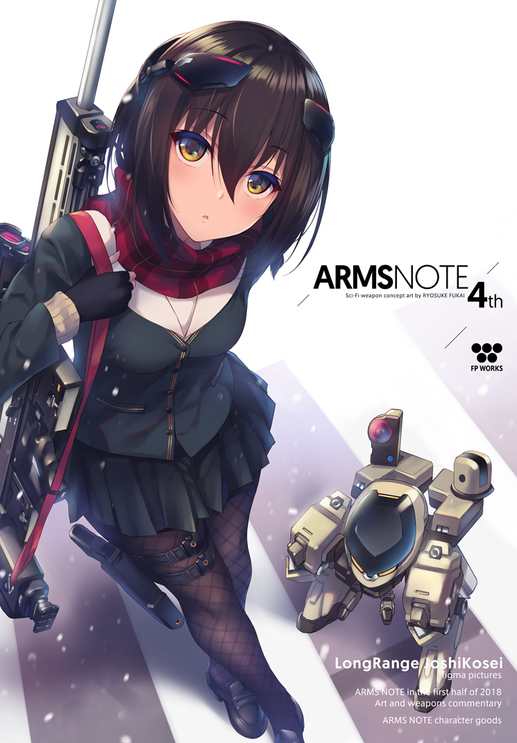 1girl arms_note black_legwear black_skirt brown_hair commentary_request fukai_ryousuke gun handgun holster looking_at_viewer original pistol school_uniform short_hair skirt solo thigh-highs thigh_holster weapon yellow_eyes