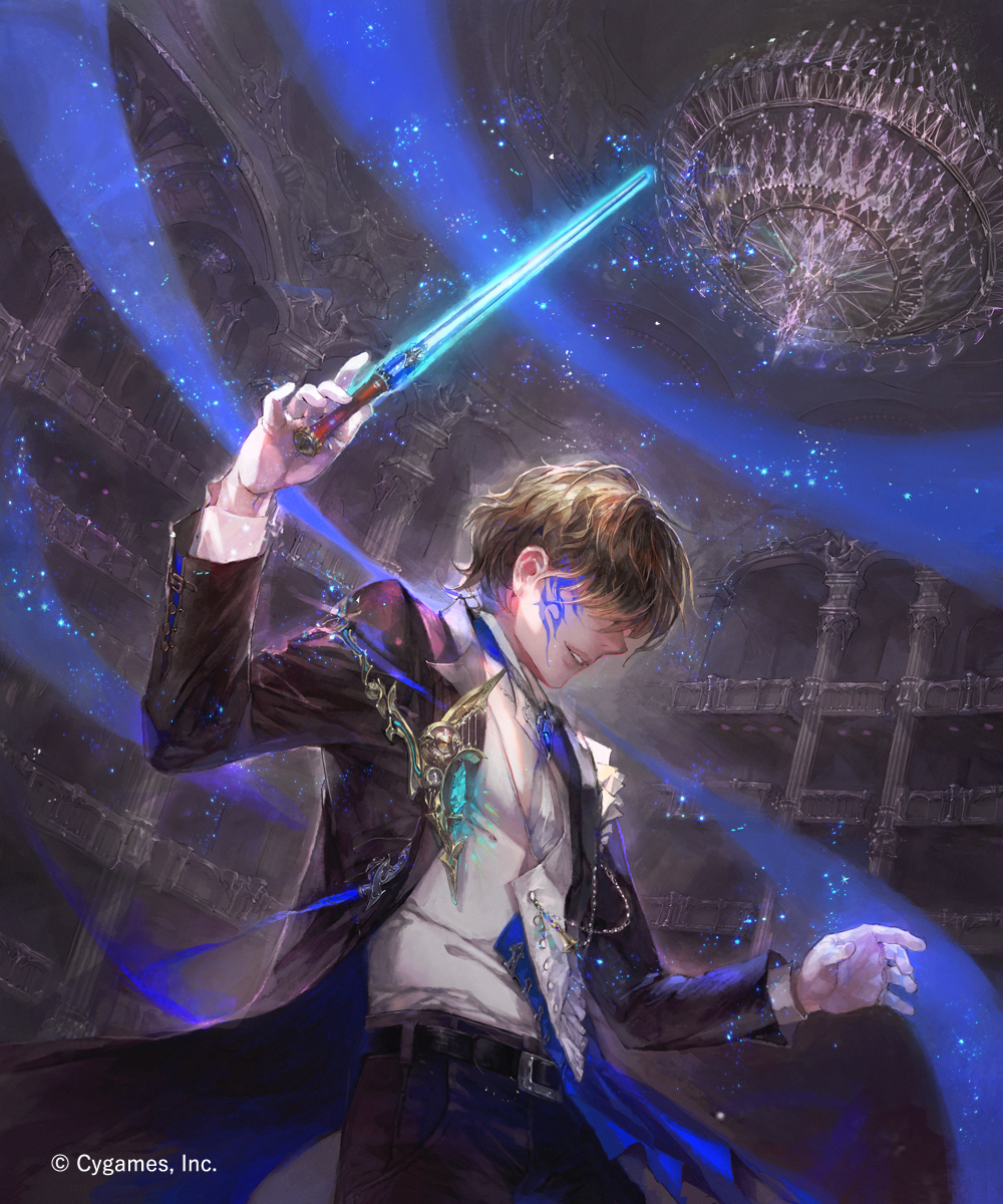 1boy baton belt black_pants blue_neckwear brown_hair chandelier covered_eyes facial_tatoo gloves hands_up highres inside male_focus necktie official_art pants parted_lips shadowverse solo standing tattoo vest watermark white_gloves white_vest
