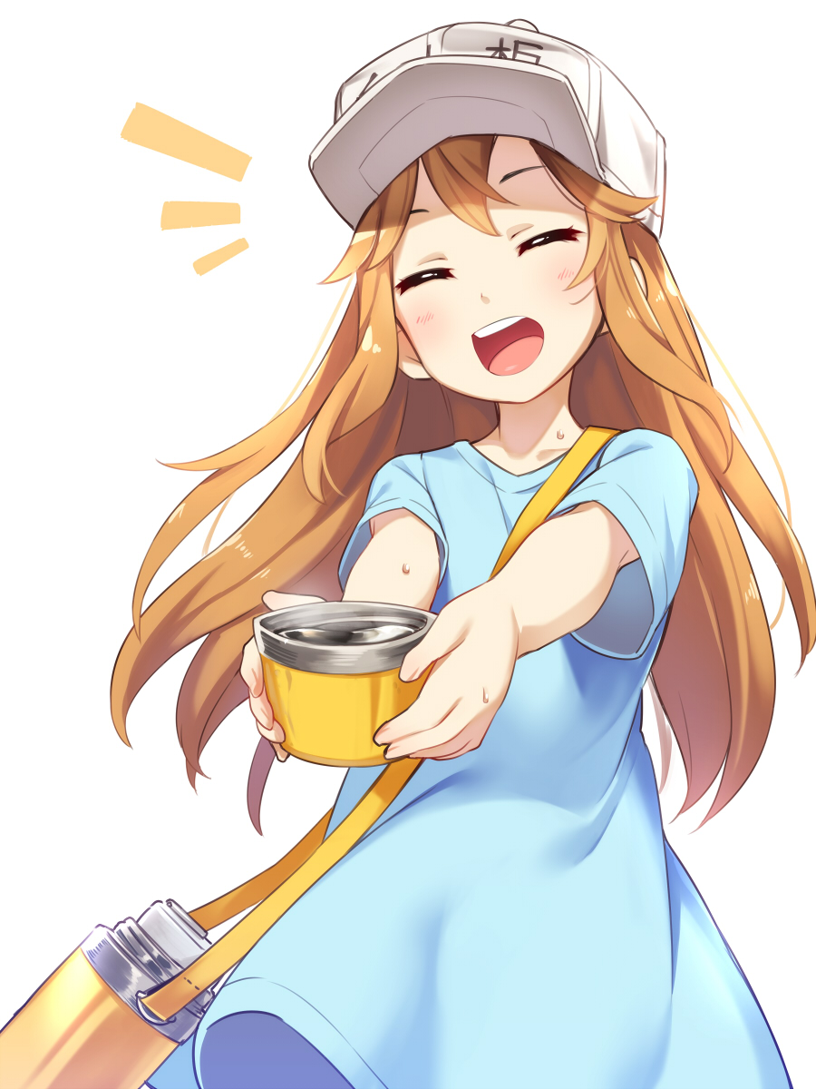 1girl :d asutora blue_shirt brown_eyes brown_hair commentary_request facing_viewer flat_cap hat hataraku_saibou highres long_hair open_mouth outstretched_arms platelet_(hataraku_saibou) shirt simple_background smile solo thermos white_background white_hat