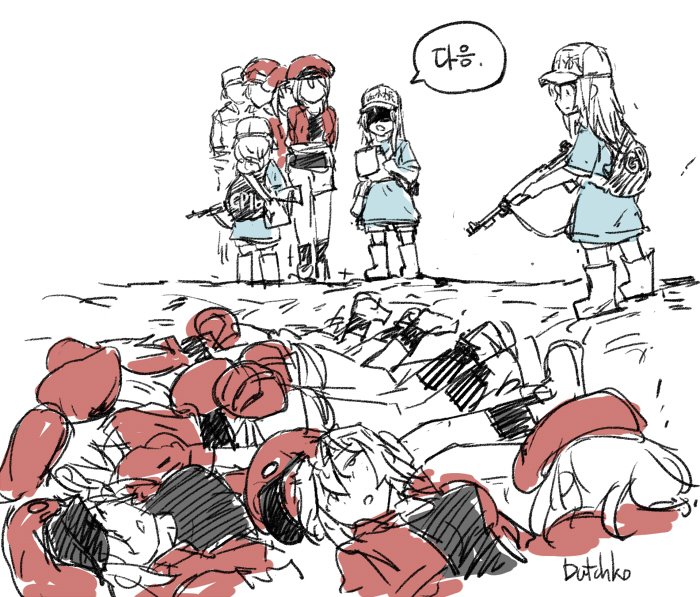 6+girls ae-3803 battle_rifle boots breasts dutchko gun hat hat_removed hataraku_saibou headwear_removed korean long_hair m14 mass_grave multiple_girls oekaki platelet_(hataraku_saibou) queue rifle shaded_face signature translation_request weapon