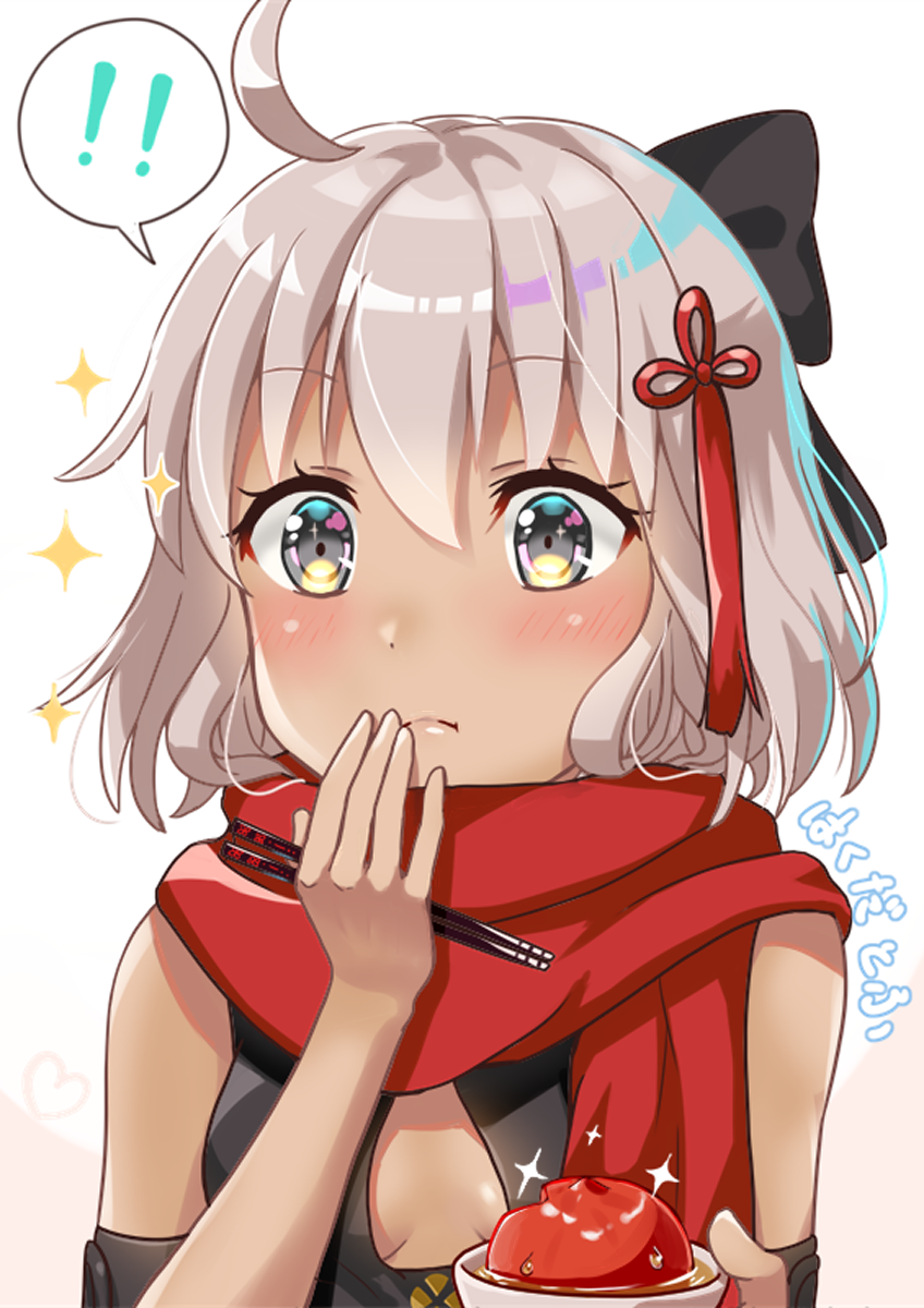 !! 1girl bangs bare_shoulders black_bow blush bow bowl breasts brown_background chopsticks closed_mouth commentary_request dark_skin eyebrows_visible_through_hair fate/grand_order fate_(series) food hair_between_eyes hair_bow hair_ornament hakuda_tofu hand_to_own_mouth hand_up highres holding holding_bowl holding_chopsticks koha-ace light_brown_hair okita_souji_(alter)_(fate) okita_souji_(fate)_(all) red_scarf scarf small_breasts solo sparkle tassel translated two-tone_background white_background