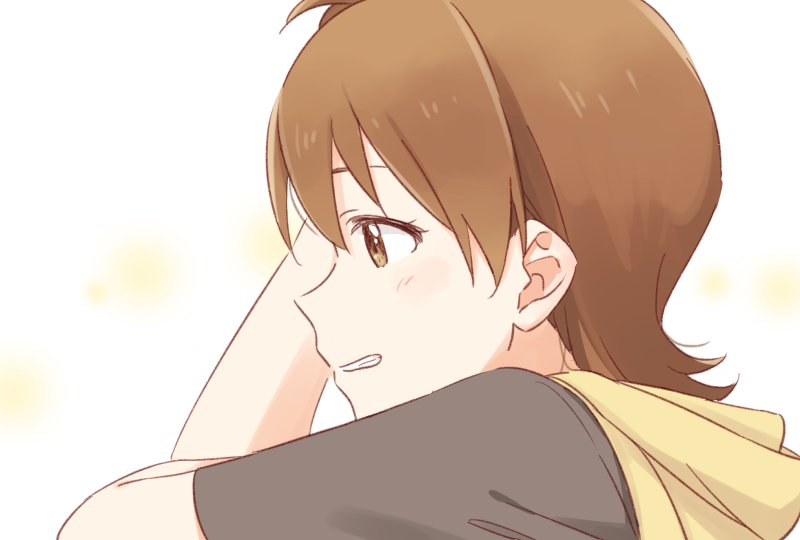 1girl brown_eyes brown_hair clenched_teeth demirinz futami_ami hood hoodie idolmaster idolmaster_(classic) idolmaster_million_live! short_sidetail side_ponytail solo teeth upper_body