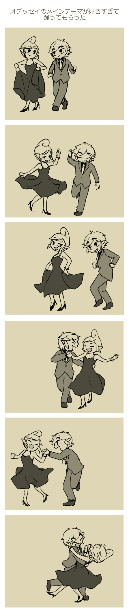 1boy 1girl 6koma ahoge closed_eyes dancing dress formal greyscale hand_holding high_heels highres link long_image monochrome multiple_views necktie open_mouth shoes short_hair skirt_hold smile suit tall_image tetra the_legend_of_zelda the_legend_of_zelda:_the_wind_waker toon_link usushira