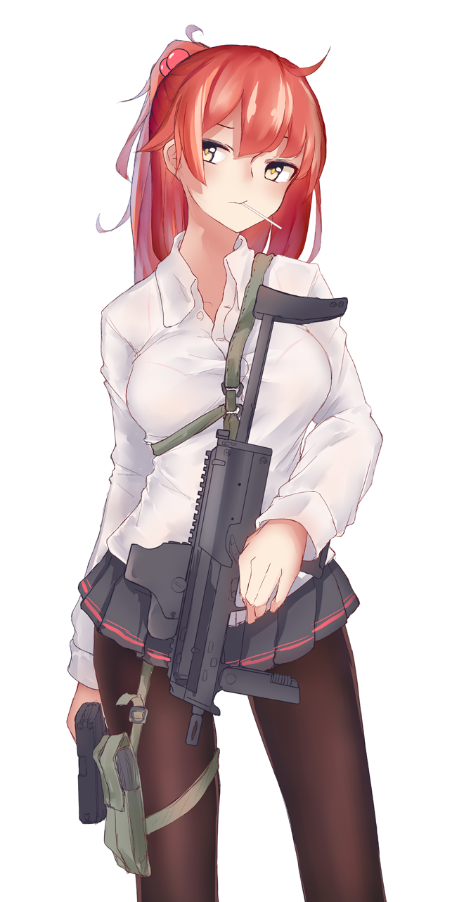 1girl ahoge bangs black_legwear black_skirt breasts bright_pupils candy closed_mouth collared_shirt commentary_request contrapposto dress_shirt food girls_frontline gun h&amp;k_mp7 hair_bobbles hair_ornament head_tilt heckler_&amp;_koch highres holding holding_gun holding_weapon inniyik large_breasts lollipop long_hair long_sleeves looking_to_the_side miniskirt mp7_(girls_frontline) pantyhose pink_hair pleated_skirt ponytail shirt simple_background skirt solo standing submachine_gun weapon weapon_request white_background white_shirt wing_collar yellow_eyes