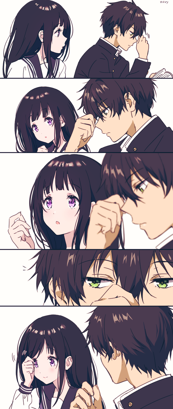 1boy 1girl 5koma bangs black_hair black_sailor_collar blunt_bangs chitanda_eru comic gakuran green_eyes highres holding holding_hair hyouka long_hair mery_(apfl0515) official_style oreki_houtarou sailor_collar school_uniform serafuku silent_comic simple_background upper_body violet_eyes white_background