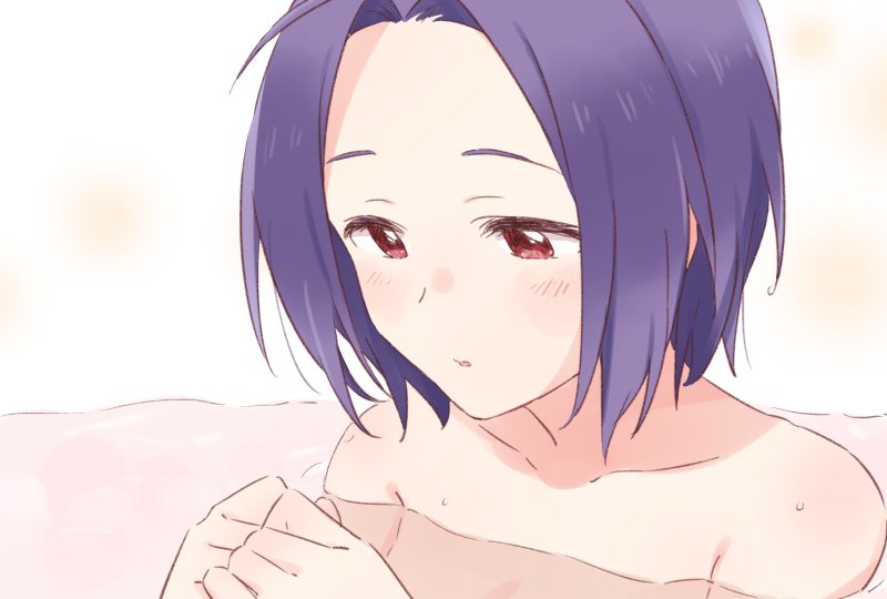 1girl ahoge bare_shoulders bathing bathtub blush brown_eyes demirinz idolmaster idolmaster_(classic) idolmaster_million_live! miura_azusa short_hair solo topless upper_body water