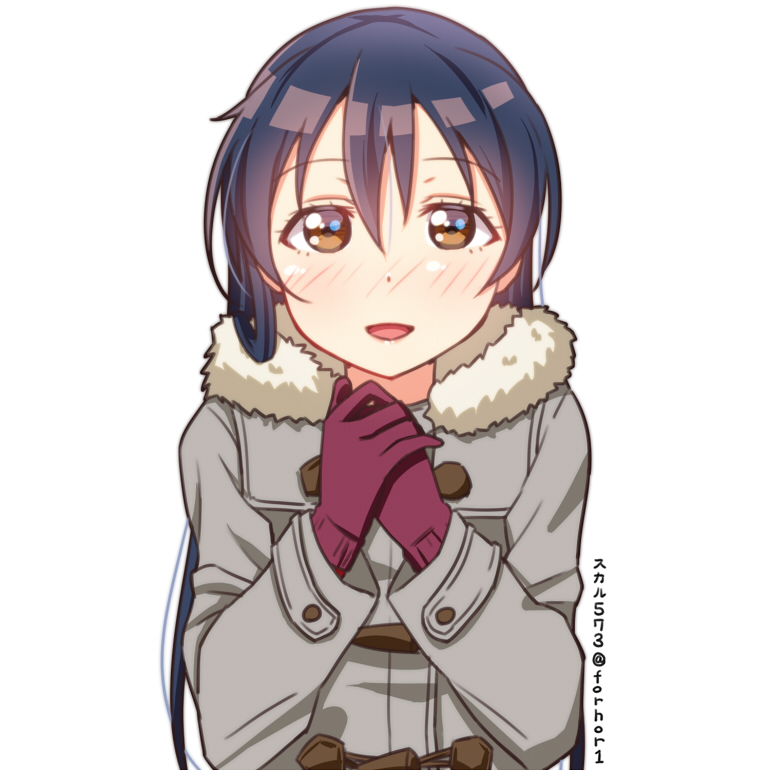 1girl bangs blue_hair blush coat commentary_request fur-trimmed_jacket fur_trim gloves hair_between_eyes hands_together jacket long_hair looking_at_viewer love_live! love_live!_school_idol_project open_mouth simple_background skull573 solo sonoda_umi white_background winter_clothes winter_coat yellow_eyes