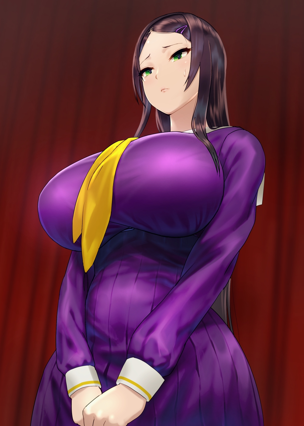 1girl bangs blush breasts brown_hair closed_mouth commentary_request dokiyuri dress from_below green_eyes hair_ornament hairclip hand_holding highres huge_breasts long_hair original pink_lips purple_dress red_curtains sidelocks standing sweatdrop swept_bangs under_boob yellow_neckwear