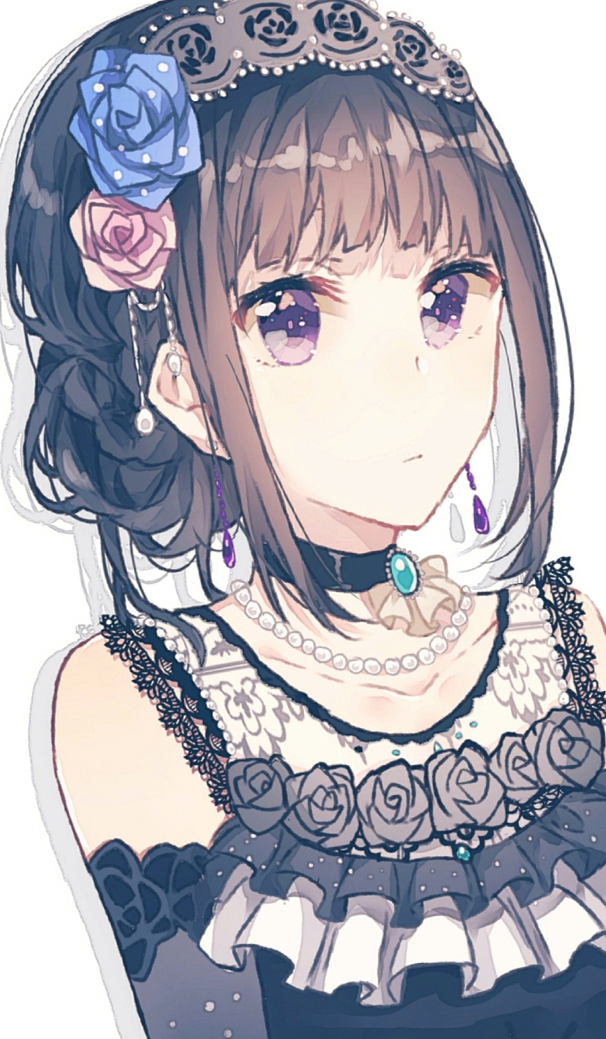 1girl bang_dream! bangs black_choker blue_flower blue_rose choker closed_mouth detached_sleeves drop_shadow earrings flower gocoli hair_flower hair_ornament headband highres jewelry looking_at_viewer necklace pearl_necklace pink_flower pink_rose rose shirokane_rinko simple_background solo upper_body violet_eyes white_background