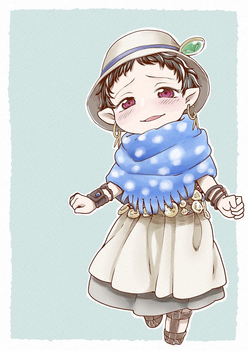 1girl blue_background blue_scarf blush bracelet brown_hair commentary earrings full_body hakumei_to_mikochi hat hat_ornament jada_(hakumei_to_mikochi) jewelry looking_at_viewer pointy_ears poronegi sandals scarf short_hair simple_background skirt smile solo standing white_skirt wristband