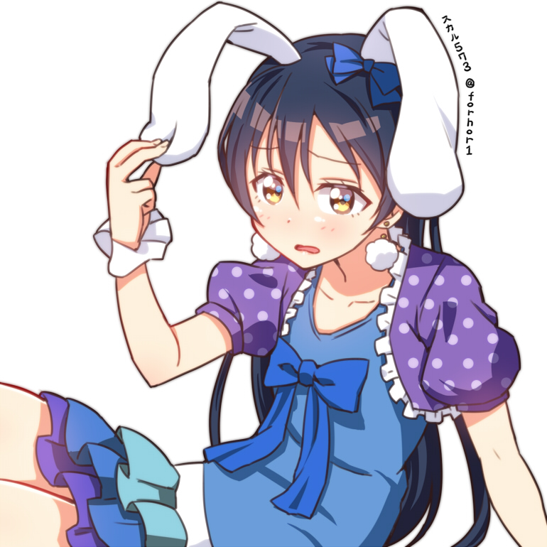 1girl animal_ears bangs blue_hair blush commentary_request earrings hair_between_eyes jewelry long_hair looking_at_viewer love_live! love_live!_school_idol_festival love_live!_school_idol_project rabbit_ears simple_background skull573 solo sonoda_umi white_background yellow_eyes