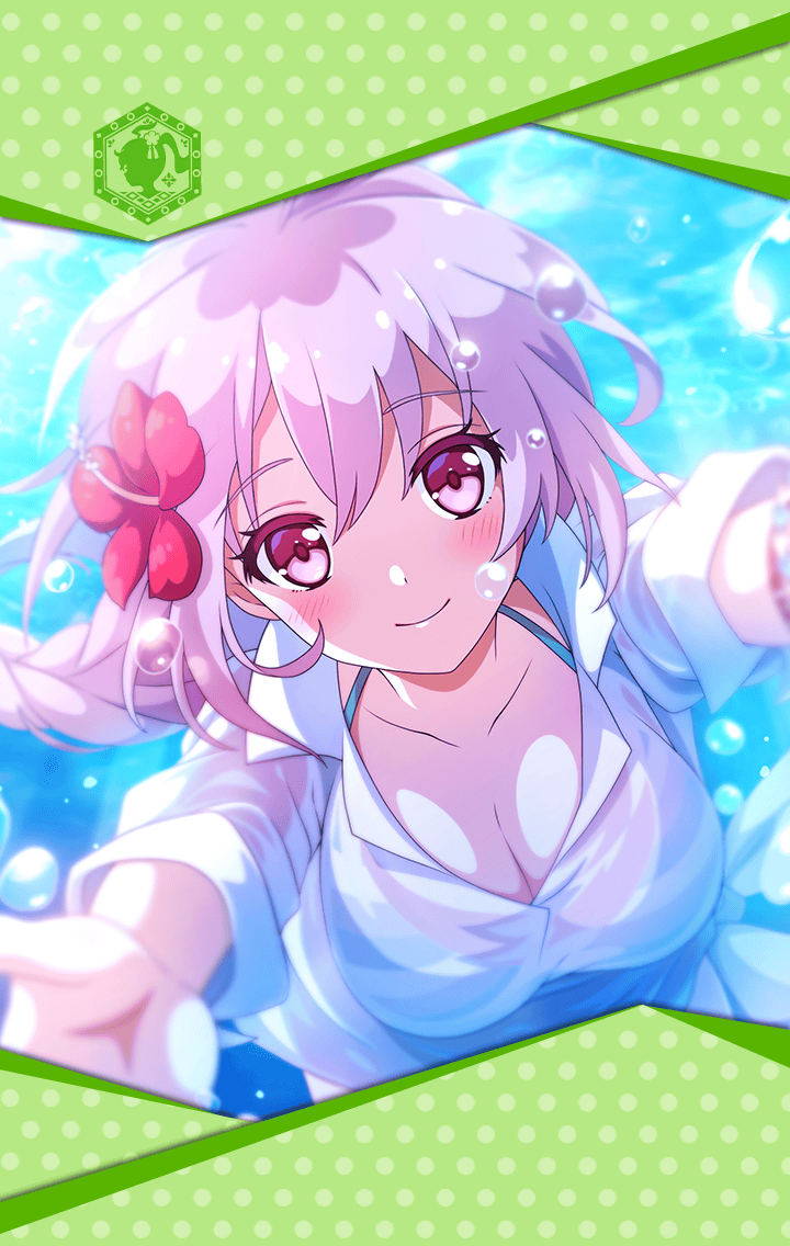 1girl arondight_(phantom_of_the_kill) artist_request blush braid breasts cleavage collarbone flower framed_image hair_between_eyes hair_flower hair_ornament long_hair official_art outstretched_hand phantom_of_the_kill pink_eyes pink_hair shirt smile splashing swimsuit swimsuit_under_clothes water wet wet_clothes wet_shirt