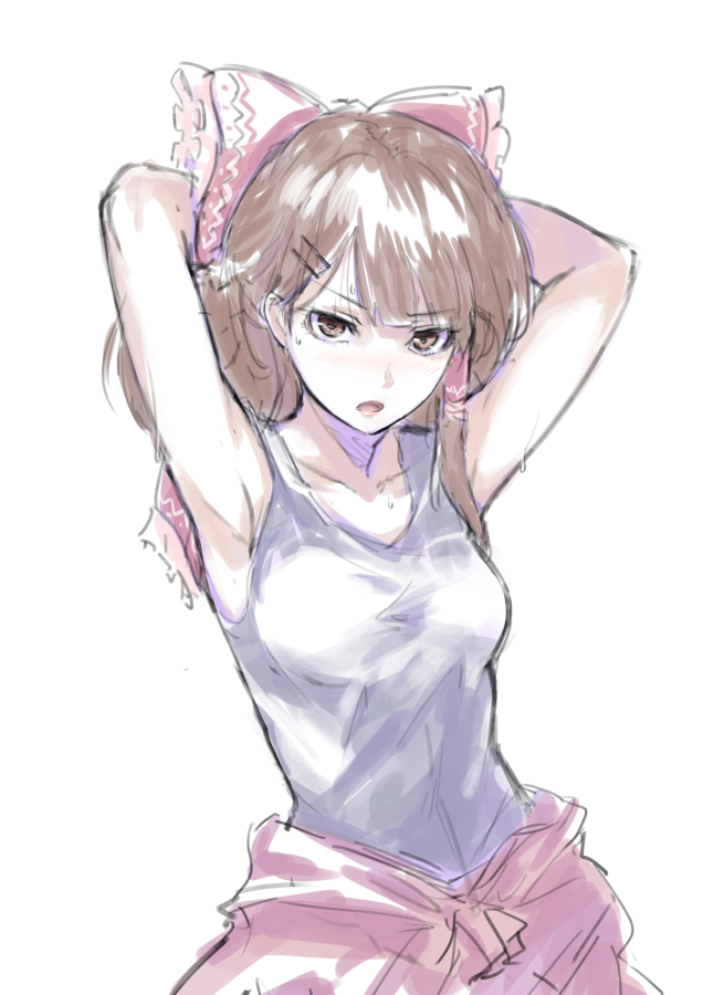 1girl armpits arms_behind_head arms_up bangs bare_arms bow brown_eyes brown_hair collarbone eyebrows_visible_through_hair frilled_bow frills hair_bow hair_tubes hakurei_reimu long_hair looking_at_viewer open_mouth parted_bangs re_(re_09) red_bow shirt simple_background sketch sleeveless sleeveless_shirt solo standing sweat tank_top touhou upper_body v-shaped_eyebrows white_background white_shirt
