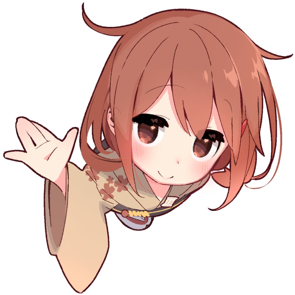 1girl blush brown_eyes brown_hair commentary_request eyebrows_visible_through_hair from_above hair_ornament hairclip ikazuchi_(kantai_collection) japanese_clothes kantai_collection kimono looking_at_viewer simple_background smile solo waving white_background yoru_nai yukata