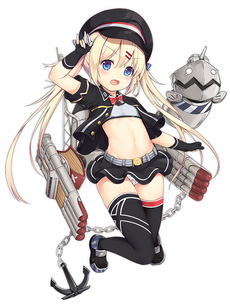 1girl :d \m/ anchor arm_up azur_lane bangs black_footwear black_gloves black_hat black_jacket black_legwear black_skirt blonde_hair blue_eyes blush bra chains elbow_gloves eyebrows_visible_through_hair fang fingerless_gloves full_body gloves grey_bra hair_between_eyes hair_ornament hairclip hat jacket long_hair military_hat military_jacket navel official_art open_clothes open_jacket open_mouth panties pantyshot peaked_cap pleated_skirt print_panties sakuraba_hikaru_(loveindog) shoes skirt smile solo star_panties thigh-highs torpedo training_bra transparent_background twintails underwear v-shaped_eyebrows very_long_hair white_panties z18_(azur_lane)