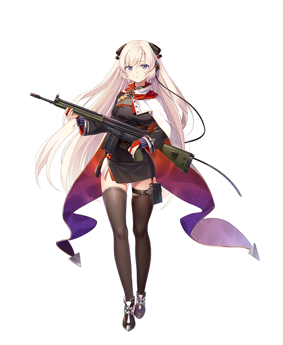 1girl :o bangs battle_rifle black_dress blonde_hair blush breasts brown_footwear brown_legwear cape commentary_request digi-mind_update_(girls_frontline) dress eyebrows_visible_through_hair full_body g3_(girls_frontline) girls_frontline gloves gun h&amp;k_g3 hair_between_eyes head_tilt headset highres holding holding_gun holding_weapon iron_cross long_hair long_sleeves looking_at_viewer medium_breasts official_art parted_lips partly_fingerless_gloves philomelalilium red_gloves rifle shoes simple_background skindentation solo standing striped thigh-highs vertical_stripes very_long_hair violet_eyes weapon white_background white_cape