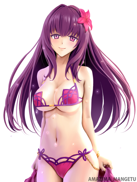 1girl amazima_mangetu artist_name bikini breasts cleavage cowboy_shot fate/grand_order fate_(series) flower hair_flower hair_ornament large_breasts long_hair looking_at_viewer navel pink_bikini purple_hair red_eyes scathach_(fate/grand_order) scathach_(swimsuit_assassin)_(fate) simple_background smile solo swimsuit under_boob wet white_background